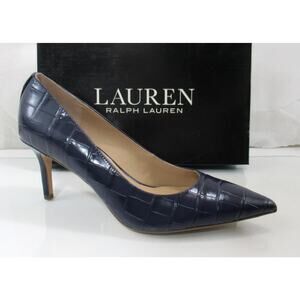LAUREN Ralph Lauren Lanette Pointed Toe Pump Croc Embossed Leather Navy